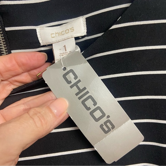 Chico's So Slimming Black White Striped Ruched Dress Size M Built in Shapewear - Picture 11 of 12